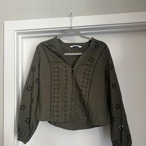 Zara Olive Green Eyelet Cropped Blouse